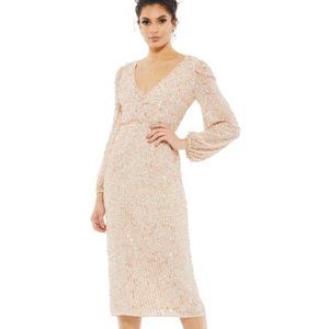 MAC DUGGAL 10764 BLOUSON SLEEVE SEQUINED SURPLICE NUDE MIDI DRESS sz 8
